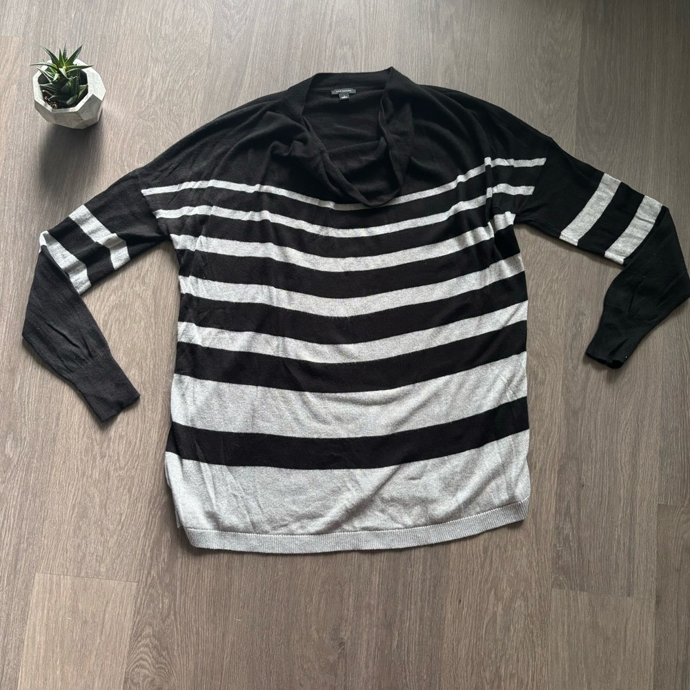 Ann Taylor Black & Grey Striped Cowl Neck Wool Sweater